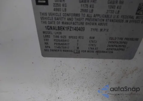 2015 Chevrolet Equinox 1Lt z USA, uszkodzony, nr VIN 1GNALBEK1FZ140409